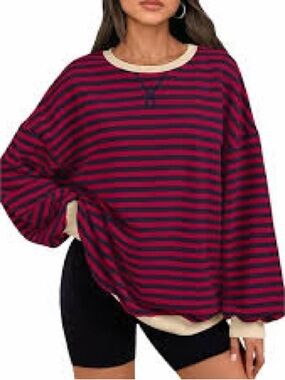 (UEU) Striped Crewneck Red and Navy with Beige Trim balloon sleeve sweatshirt M
